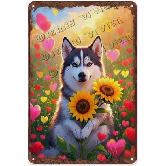 Husky with Sunflower 12x16 Inch Metal Sign | Rustic Dog and Flower Decor for Living Room, Bedroom, or Office | Gift for Husky Lovers