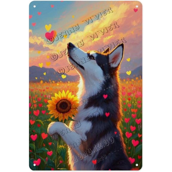 Husky with Sunflower 12x16 Inches Metal Sign, Dog Lovers Home Decor, Inspirational Gift for Husky Owners, Rustic Pet Decor for Garden & Porch