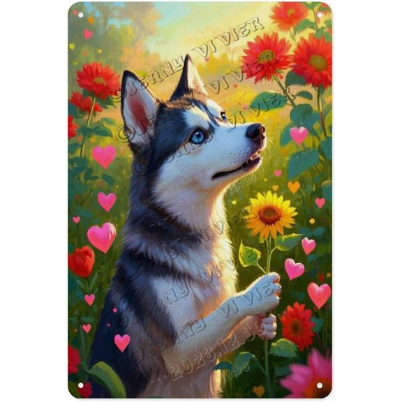 Husky with Sunflower 8x12 Inches Metal Sign, Rustic Pet Lovers Decor, Inspirational Dog Gift for Husky Enthusiasts, Garden or Home Display