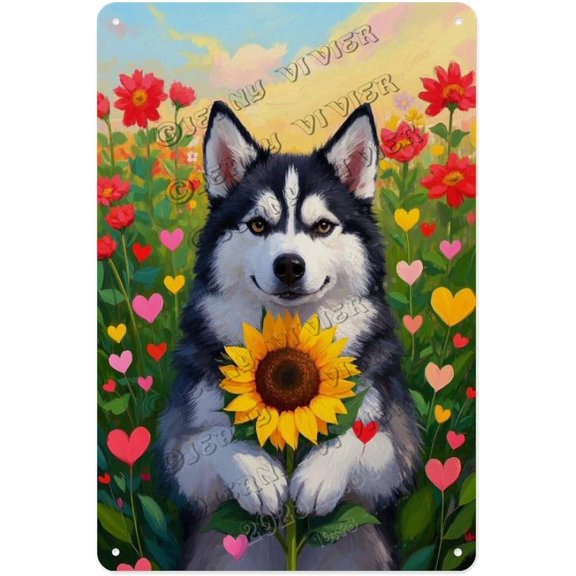 Husky with Sunflower 8x12 Metal Sign, Gift for Dog Lovers, Husky Owners, Inspirational Decor for Home, Garden, and Pet Enthusiasts