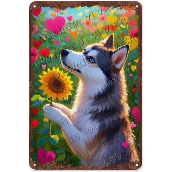 Husky with Sunflower Metal Sign 8x12 Inch | Dog and Flower Decor for Living Room, Office, or Bedroom | Ideal Gift for Husky and Animal Lovers