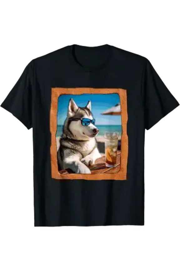 Husky with Sunglasses Enjoying Beach Time T-Shirt