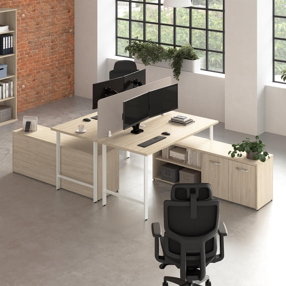 Hustle 2 Person Desk with Low Storage Cabinet in Natural Elm - Engineered Wood
