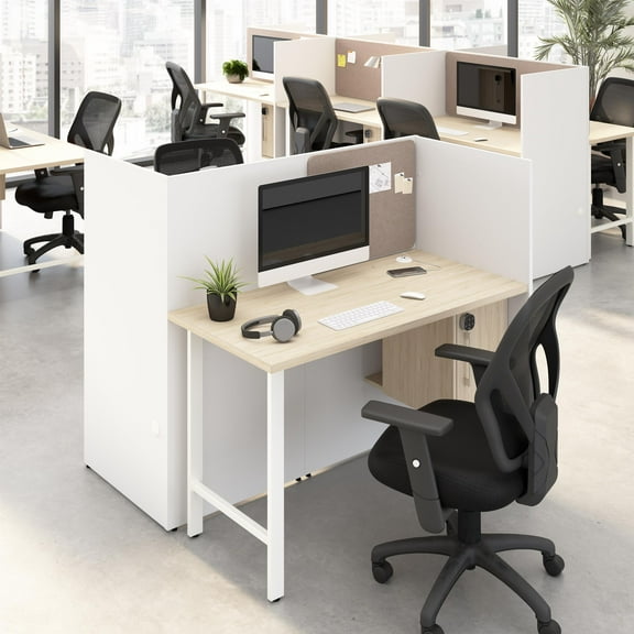 Hustle 48W 2 Person Cubicle Desk with Storage in White/Elm - Engineered Wood