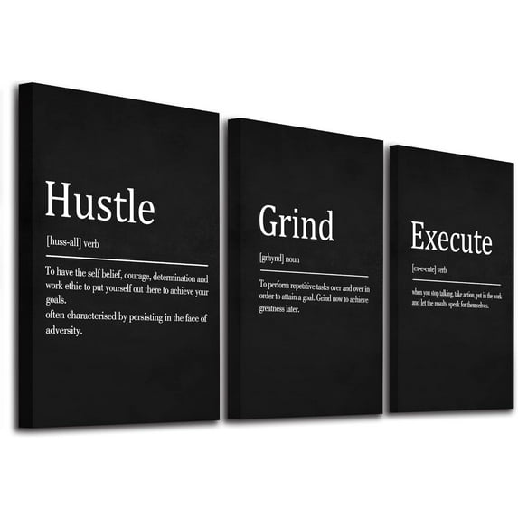 Hustle Grind Execute, Inspirational Wall Decor Art - Framed Canvas Office Decor, Quote Poster, Office Wall Art, Motivational Wall Art, Positive Motivational Set of 3 Prints