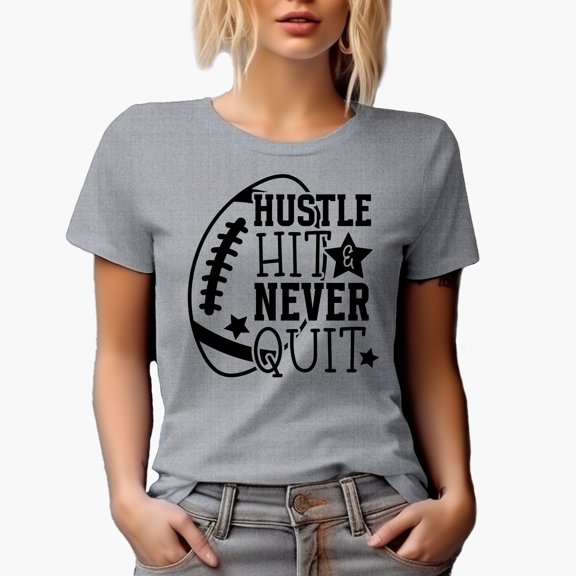 Hustle Hit & Never Quit with Football Art Merch Gift, Heather Grey T-Shirt, Medium