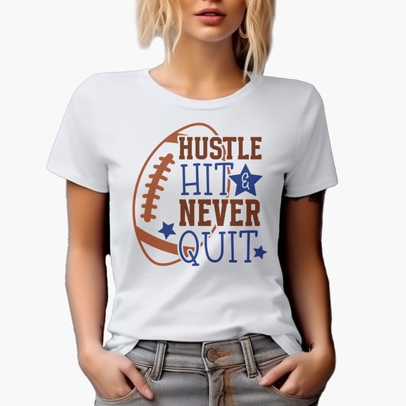 Hustle Hit & Never Quit with Football Ball Art Merch Gift, White T-Shirt, Large