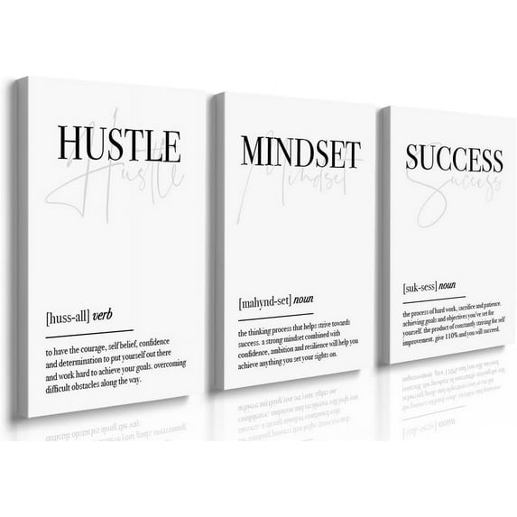 Hustle Mindset Success Wall Art Set of 3 Framed Canvas Black and White Motiviational Wall Art Home Office Wall Decor Inspirational Positive Quotes Posters Success Entrepreneur Gifts 12"x16"