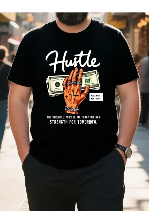 Hustle Motivation Graphic Hand Money Men 100% Cotton Tee