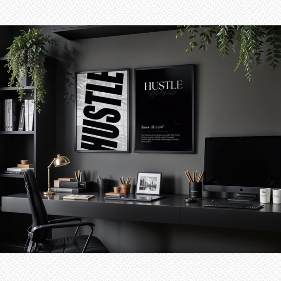 Hustle Motivational Definition Gym Office Masculine Poster Set 2 Prints Set 2 , Stretched Canvas