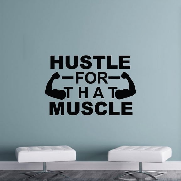 Hustle For That Muscle - Quote Exercise Workout Motivation Bicep Muscles Silhouette Vinyl Wall Art Wall Sticker Wall Decal Home Gym Workout Area Fitness Sticker Decoration Size (8x10 inch)