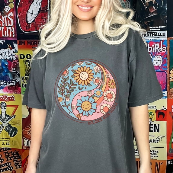 Hustle Shirt, Women's Shirt, Retro Floral Shirt, Retro Yin Yang Shirt, Girl Boss Shirt, Comfort Colors Balance Over Hustle Shirt (Colors:Pepper; Sizes:L;)