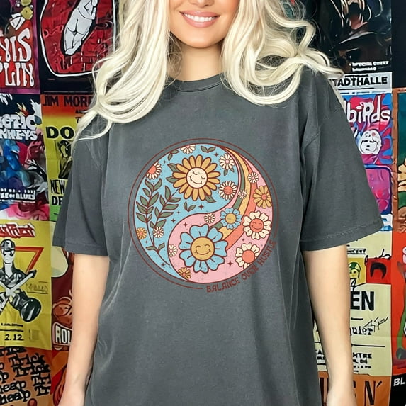 Hustle Shirt, Women's Shirt, Retro Floral Shirt, Retro Yin Yang Shirt, Girl Boss Shirt, Comfort Colors Balance Over Hustle Shirt (Colors:Pepper; Sizes:M;)