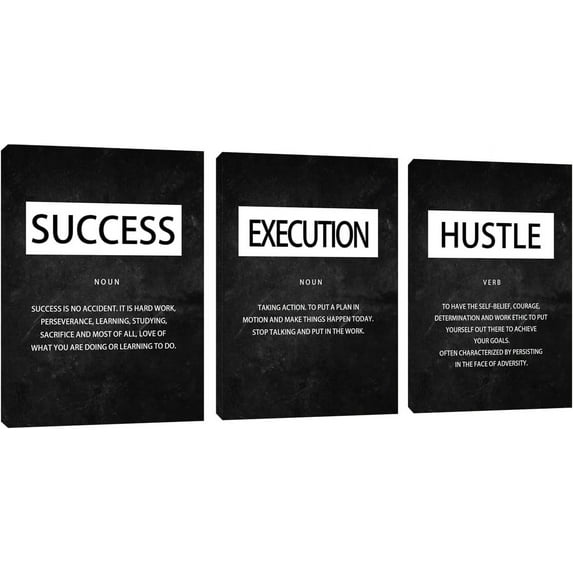Hustle Wall Art for Office Motivational Canvas Wall Art Posters Prints Inspirational Success Wall Art 3 Pieces Black Painting Wall Decorations Canvas Wall Art Pictures Framed Artwork Decor (36"Wx16"H)