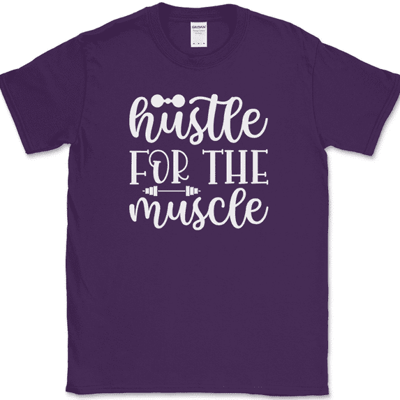 Hustle for the Muscle T-Shirt Funny Gym Fitness Lifting Workout Running Text Tee - Purple, 4XL