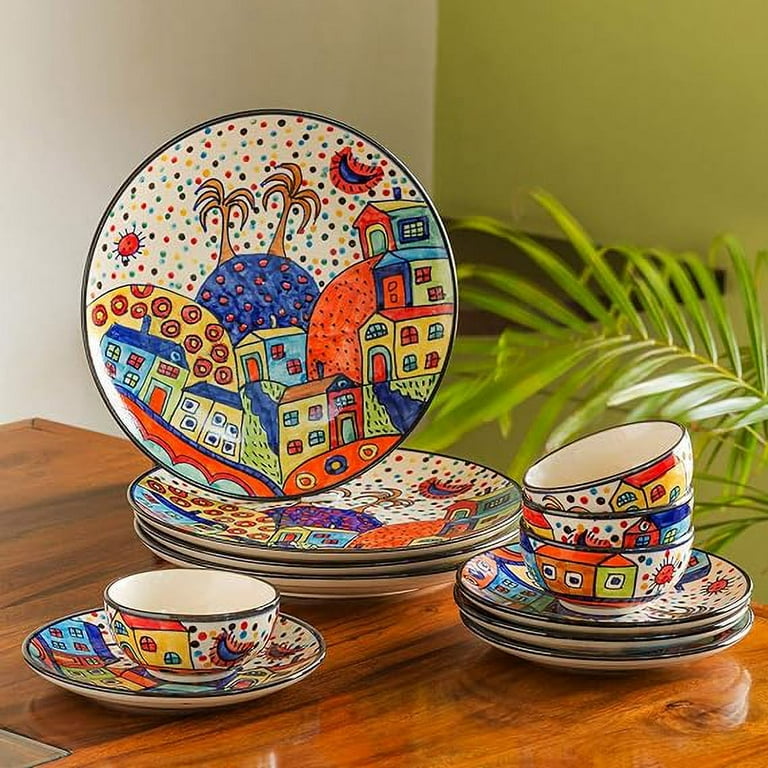Hut Dining Handpainted Ceramic Dinner Quarter Plates with Katoris 12 Pieces Serving for 4 Ceramic Dinner Plates Set Serving Plates Bowl Set