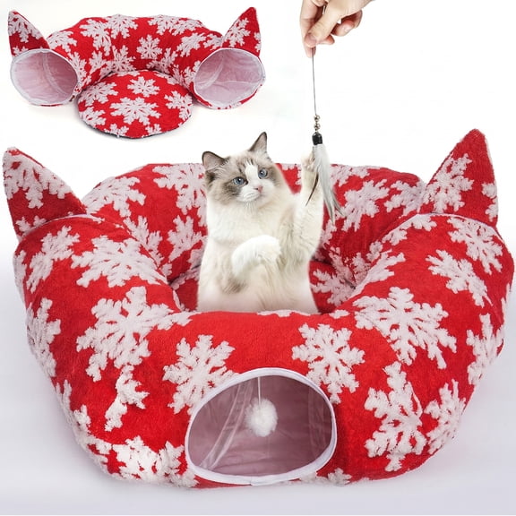 Hutact 2-in-1 Cat Bed & Tunnel with Ears, 36in Cat Tunnel with Cushion Fleece Festive Red Snowflake – Detachable, Foldable, for 1-2 Cats, Red