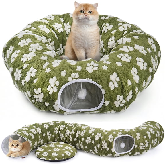 Hutact 3-in-1 Cat Tunnel with Cushion, 34" Soft Pet Bed Collapsible Plush Donut Cat Cave Hideaway, Multi-Shape Tunnel, Peekaboo Playground Toys for Indoor Cats Kittens Sleep Play Exercise, Green