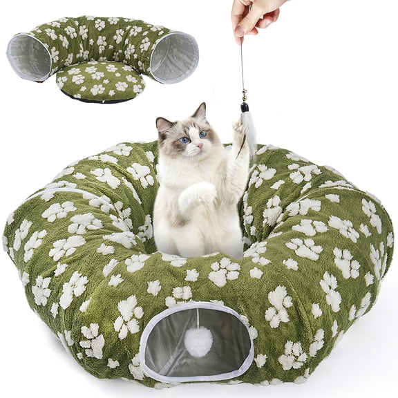 Hutact Cat Tunnel Bed with Soft Cushion, 2-in-1 Cat Bed & Tunnel for Indoor Cats, 34" Soft Plush Peekaboo Cat Cave Donut Tunnel Playground Toys for Kittens, Green