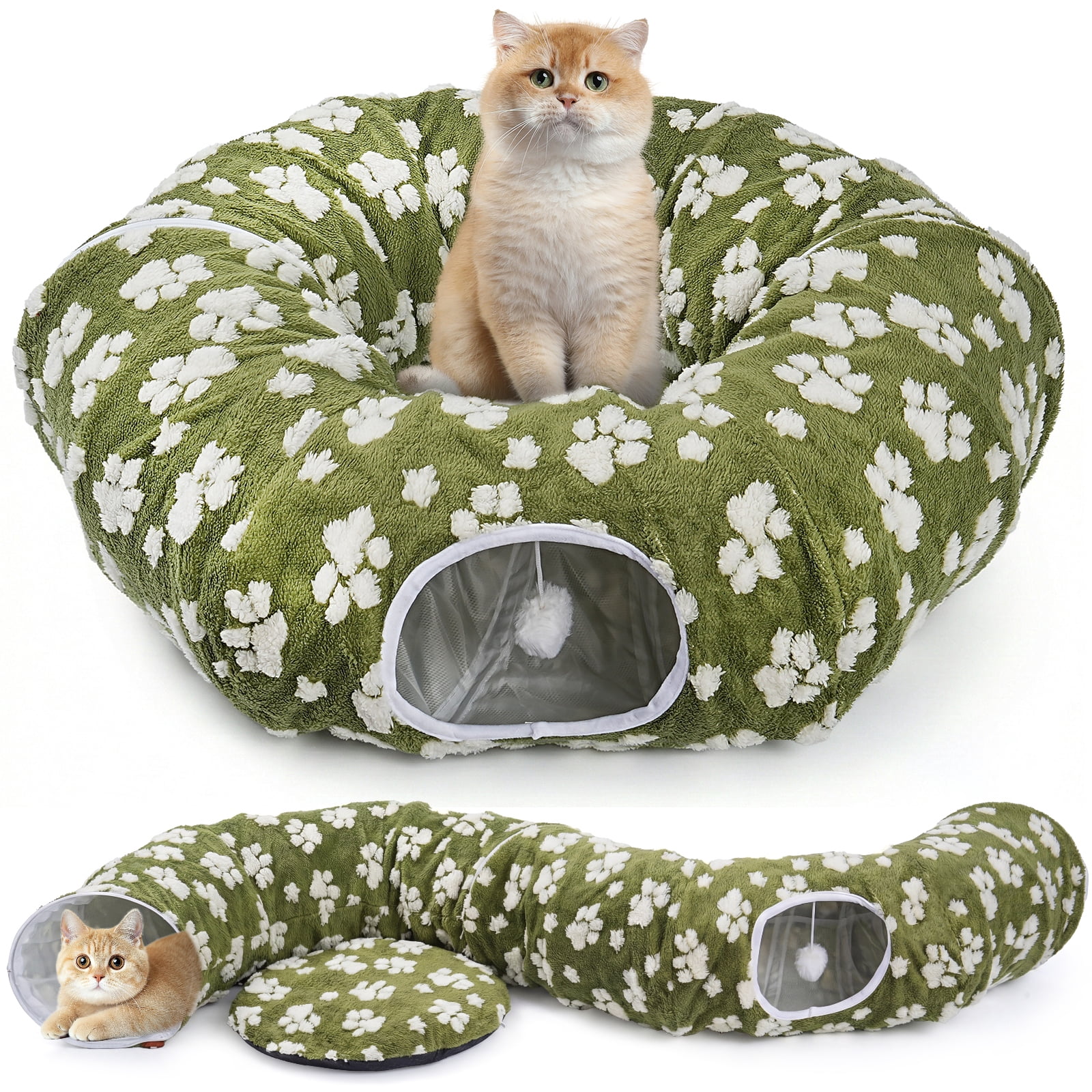 Hutact 3-in-1 Cat Tunnel with Cushion, 34" Soft Pet Bed Collapsible Plush Donut Cat Cave Hideaway, Multi-Shape Tunnel, Peekaboo Playground Toys for Indoor Cats Kittens Sleep Play Exercise, Green