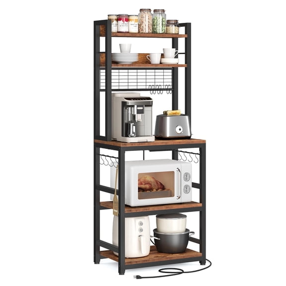 Hutch Bakers Rack with Power Outlet, 14 Hooks Microwave Stand, Adjustable Coffee Bar with Metal Wire Panel, Kitchen Storage Shelf, 15.7 x 23.6 x 66.9 Inches, Rustic Brown and Black