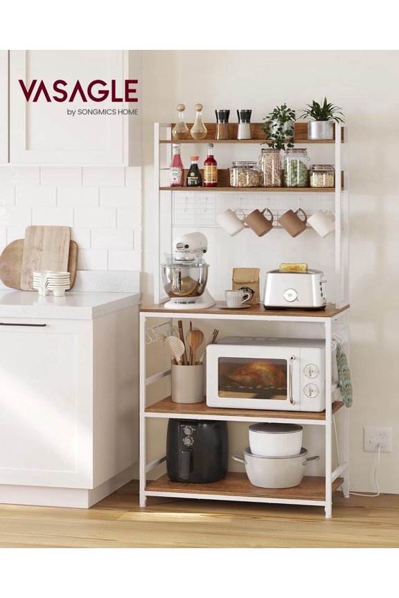 Hutch Bakers Rack with Power Outlet, Adjustable Coffee Bar with Metal Wire Panel, Kitchen Storage Shelf, White