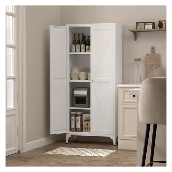 Hutch Cabinet with Storage, 65" H White Laundry Room Storage Cabinets, Cabinet for Living Room, Food Pantry, Multi-Functional 2 Door Cabinets for Bathroom, Kitchen