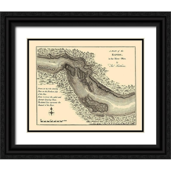 Hutchins 32x26 Black Ornate Wood Framed with Double Matting Museum Art Print Titled - Ohio River Rapids Plan - Hutchins 1778