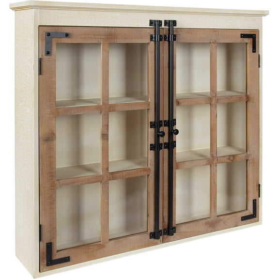 Hutchins Decorative Farmhouse Wood Wall Cabinet, 30 x 6.5 x 27.5, White and Brown, Wall Cabinet with Window Pane Glass Door