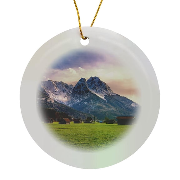 3drose, Huts in Field at Base of Bavarian Alps with Snow at Sunset, Circle Porcelain Ornament