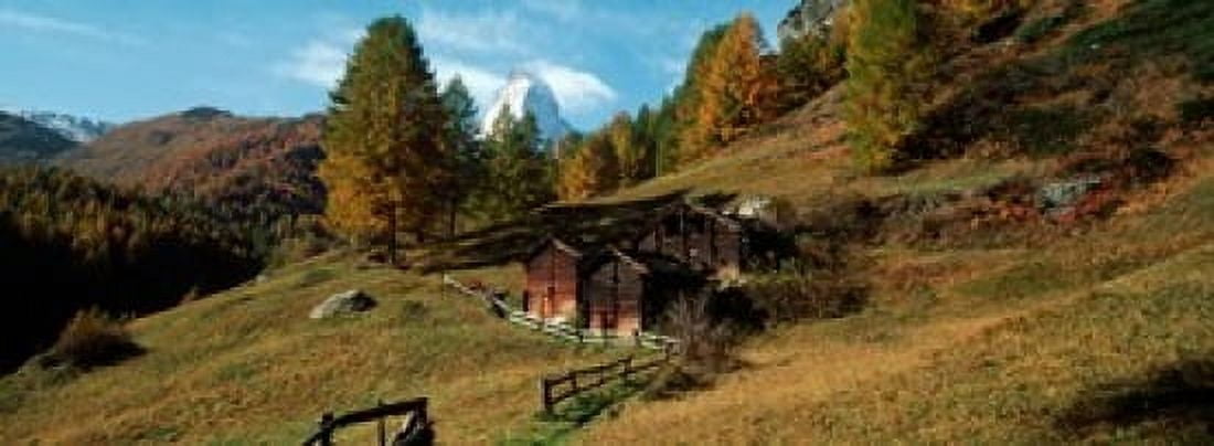 Huts with the Mt Matterhorn in background in autumn morning light Valais Canton Switzerland Canvas Art - Panoramic Images (36 x 13)