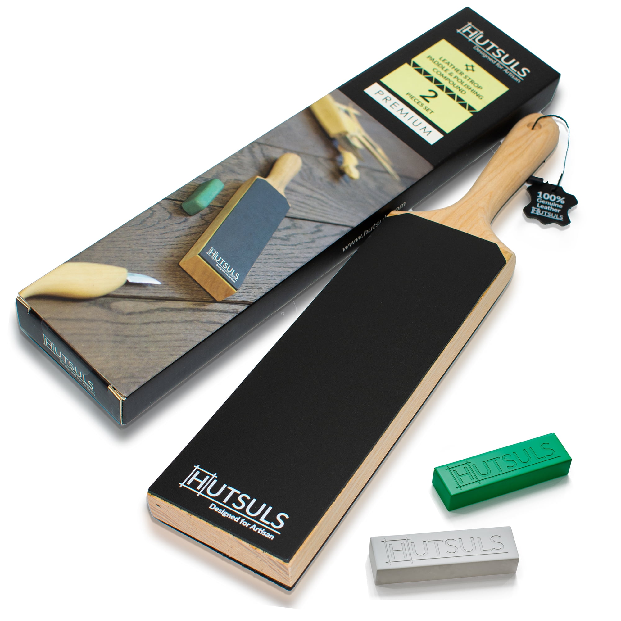 Hutsuls Brown Leather Strop with Compound - Stropping Kit, Green
