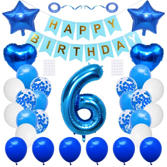 Huture 6th Birthday Party Supplies - KKS1Blue Foil Balloons, Happy Birthday Banner Kit, Decoration with White Blue Latex Confetti and Star Foil Balloons - Great Gift for Girls & Boys