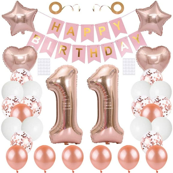 Huture Birthday Party Supplies Rose KKS1Gold Number Foil Balloon "Happy Birthday" Banner Kit 11th Birthday Decoration White Latex Confetti Balloon Foil Star Heart Balloon Great Gift for Girls