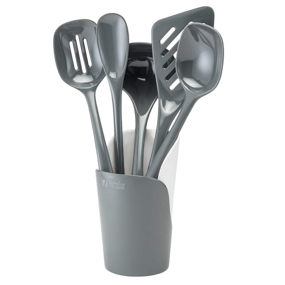 Hutzler 6-piece Melamine Cooking Utensils Set, Includes a 12-inch Long Slotted Spoon, Solid Spoon, Mixing Spoon, Slotted Turner, Soup Ladle, and Storage Crock, Gray Y101