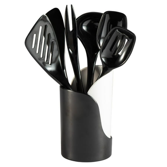 Hutzler 7-Piece Mini Melamine Cooking Utensils and Storage Crock Set, Includes 7.5 Inch Long Fork, Slotted Spoon, Solid Spoon, Ladle, Spreader and Slotted Turner Black