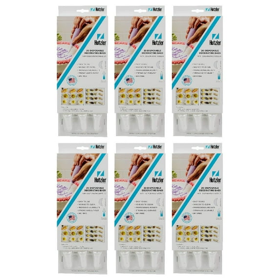 Hutzler Disposable Decorating Bags and Nozzles Set Plastic Clear White, 6 Pack