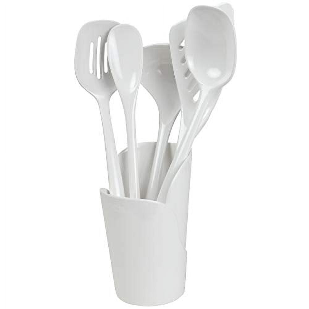 White Melamine Non-Stick Cooking Utensils Set with Crock, 6-Piece