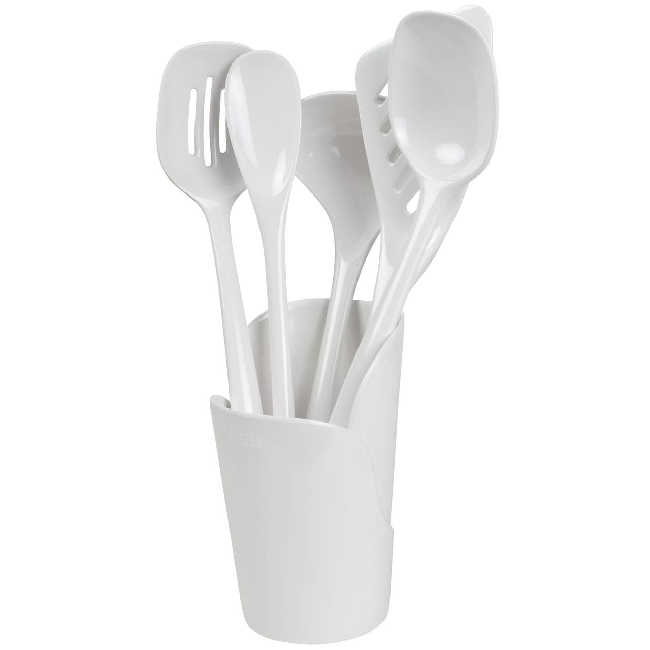White Melamine Non-Stick Cooking Utensils Set with Crock, 6-Piece