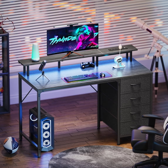 SUPERJARE Desk with Drawers, 46" Gaming Desk with LED Lights, Computer Desk Small Office Desk with Outlets, Writing Desk for Bedroom in Grey