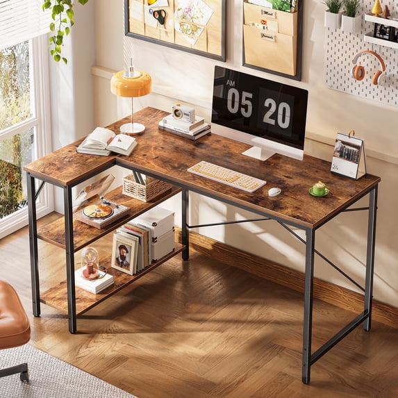 47.2" Computer Desk, Reversible L Shaped Gaming Desk, Small Corner Desk for Bedroom, Office Desk with Storage Shelves, Study Table in Brown