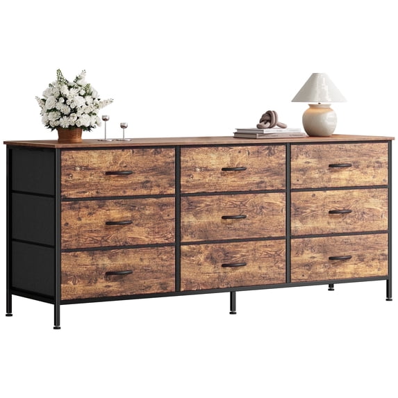 Huuger 54 Inch Dresser for Bedroom, TV Stand for 55, 60 Inch TV, 9 Drawer Chest of Drawers, Entertainment Center with Storage, Rustic Brown