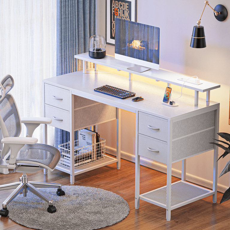 SUPERJARE L Shaped Desk With Power Outlets & LED Lights, Reversible Computer Des