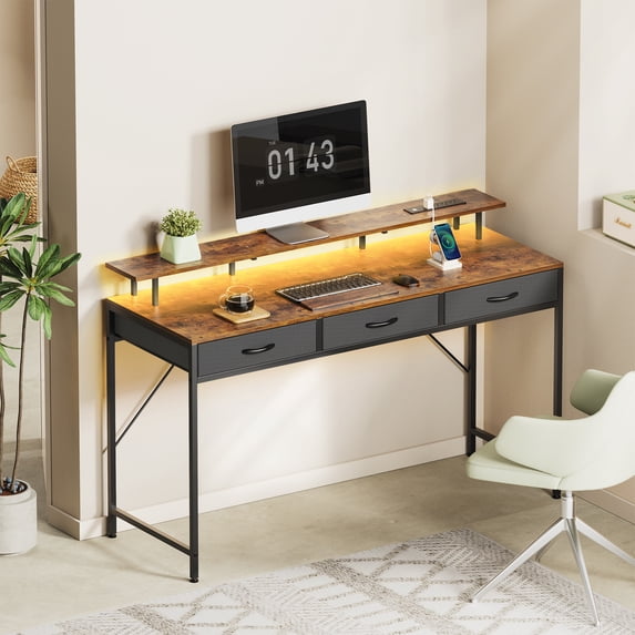 Huuger 55 inch Computer Desk with LED Lights & Power Outlets, Office Desk with 3 Storage Drawers, Gaming Desk, Home Office Desk, Rustic Brown