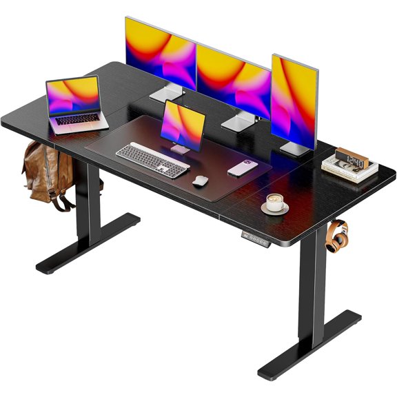 Huuger 55 x 28 Large Electric Standing Desk, Height Adjustable Computer Desk, 27.6" Deep Desktop, Stand up Gaming Office Table with 2 Hooks, 3 Preset Heights, for Home Office, Black