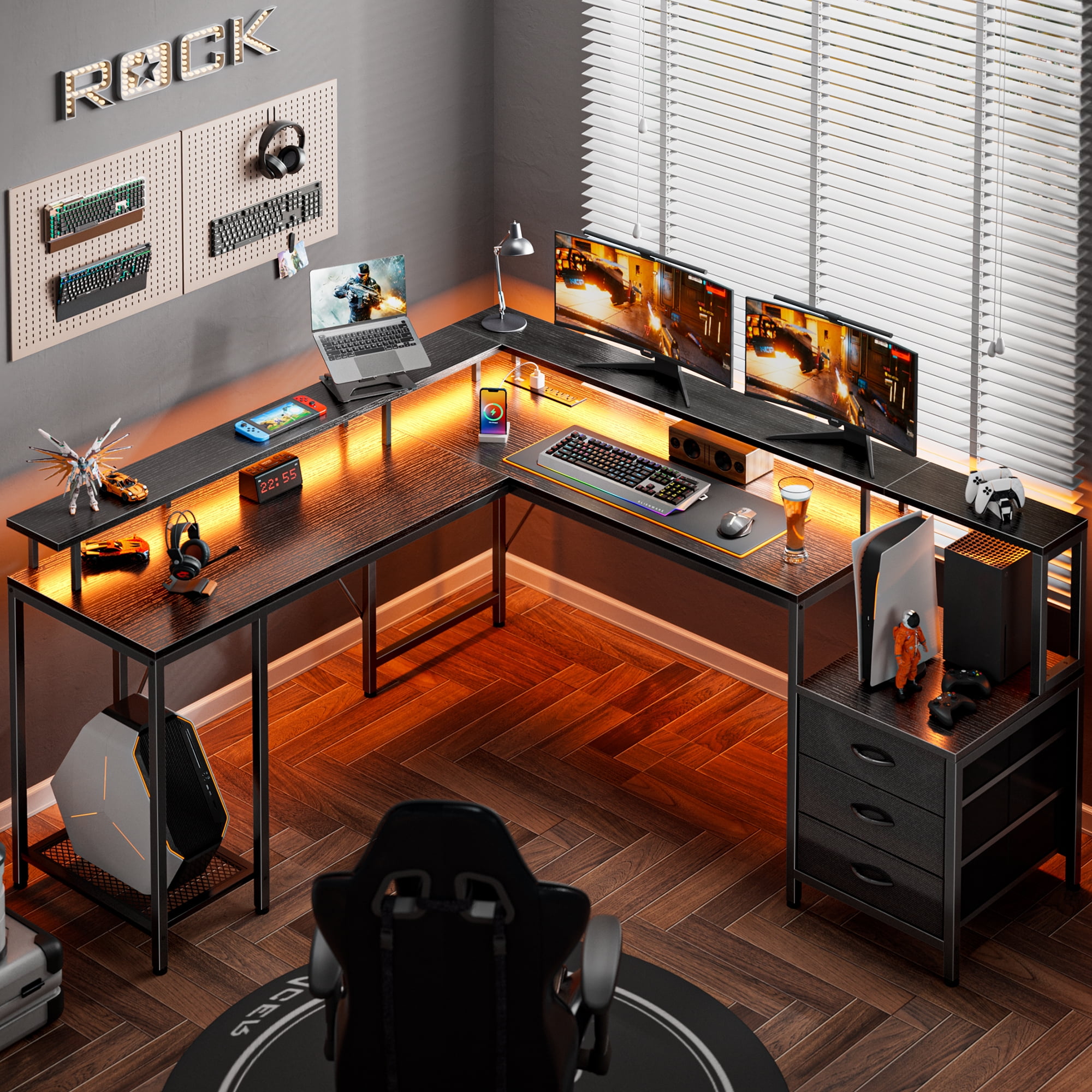 Huuger L Shaped Desk with LED Lights and Power Outlets, Computer Gaming