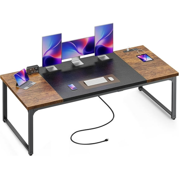 Huuger 71 x 31.5 Inch Desk with Power Outlets & USB-C, 1.2 Inch Thicker Desktop, Robust Metal Tubes, Deep Computer Desk, Heavy Duty Office Desk, Work Desk, Rustic Brown and Black