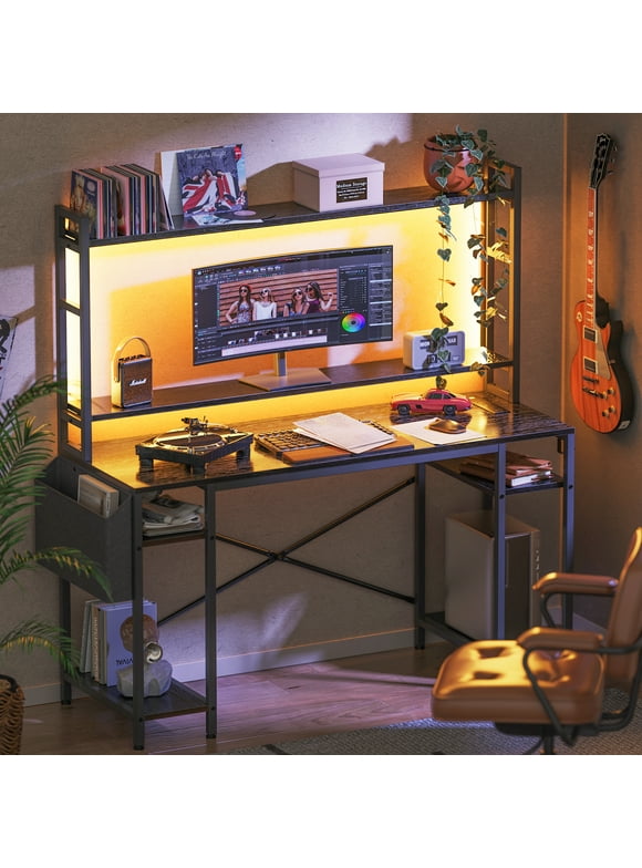 Huuger Computer Desk with Adjustable Shelves, 55 inch Gaming Desk with LED Lights & Power Outlets, Home Office Desk with Monitor Stand, Hooks & CPU Stand, Black