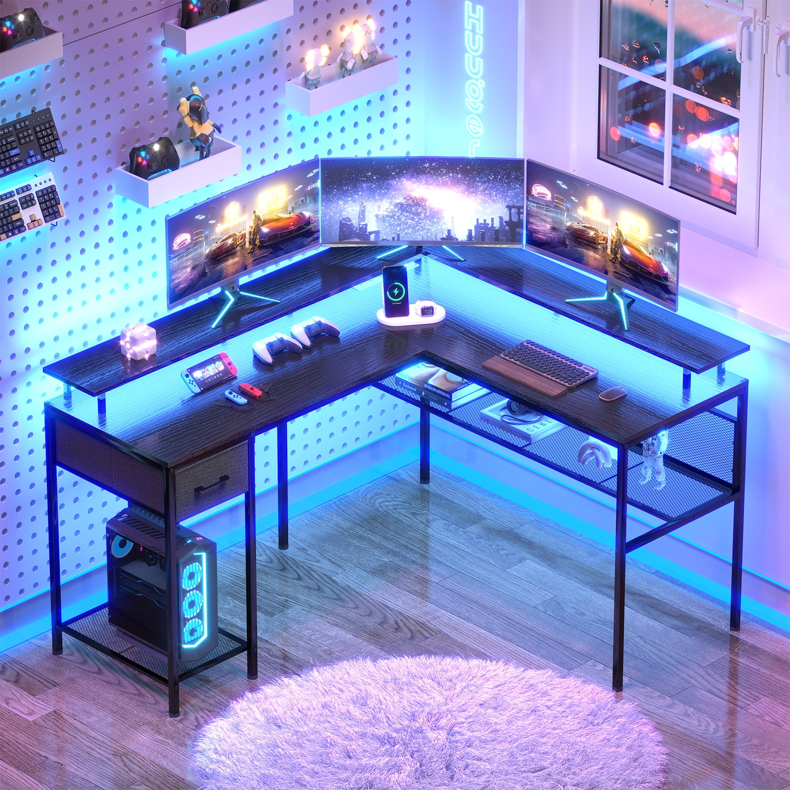 Huuger Gaming Desk with LED Lights & Power Outlets, L Shaped Desk