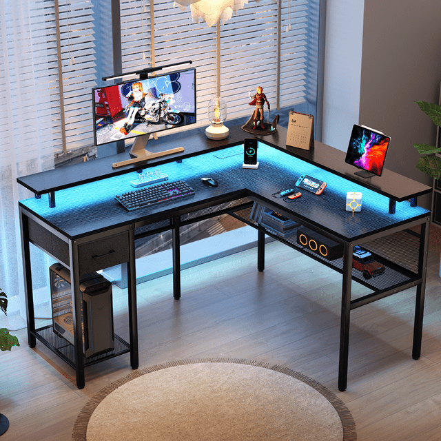 Huuger Gaming Desk with LED Lights & Power Outlets, L Shaped Desk